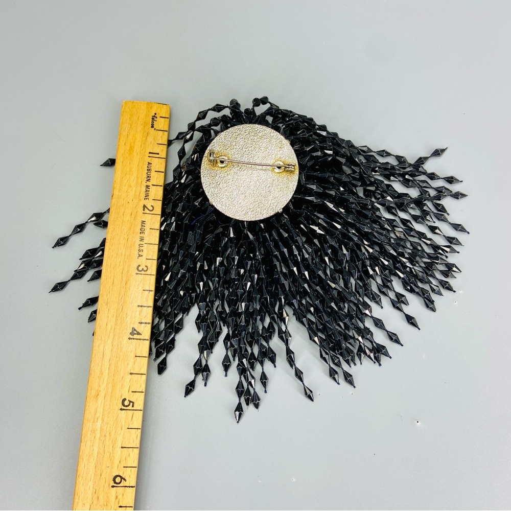Vintage Mod Large Cascading Fringe Brooch Black Beaded Pin - Picture 5 of 13